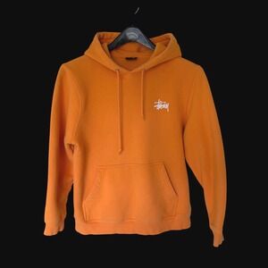 Stussy Pullover Hoodie Orange Mens Small Fleece Distressed